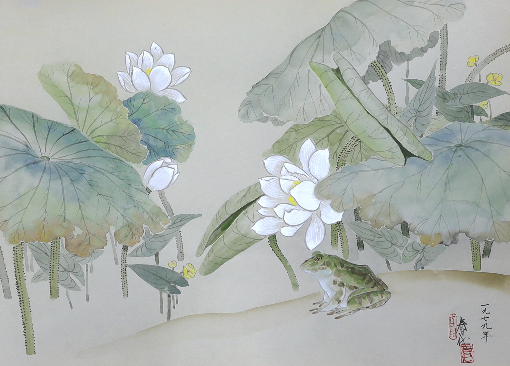 Chinese School, watercolour, Frog amongst leaves, housed in a bamboo style frame, 38 x 52cm